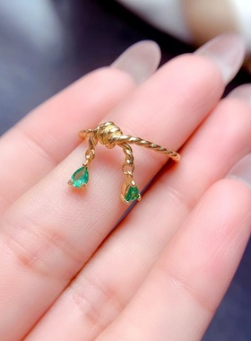 时尚小众款戒指镶嵌空托水滴3*4mm s925银镀18K金天然祖母绿