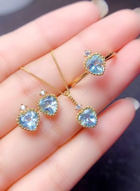 银镀18K金套装空托心6戒指吊坠耳钉时尚简约小清新款天空蓝托帕石