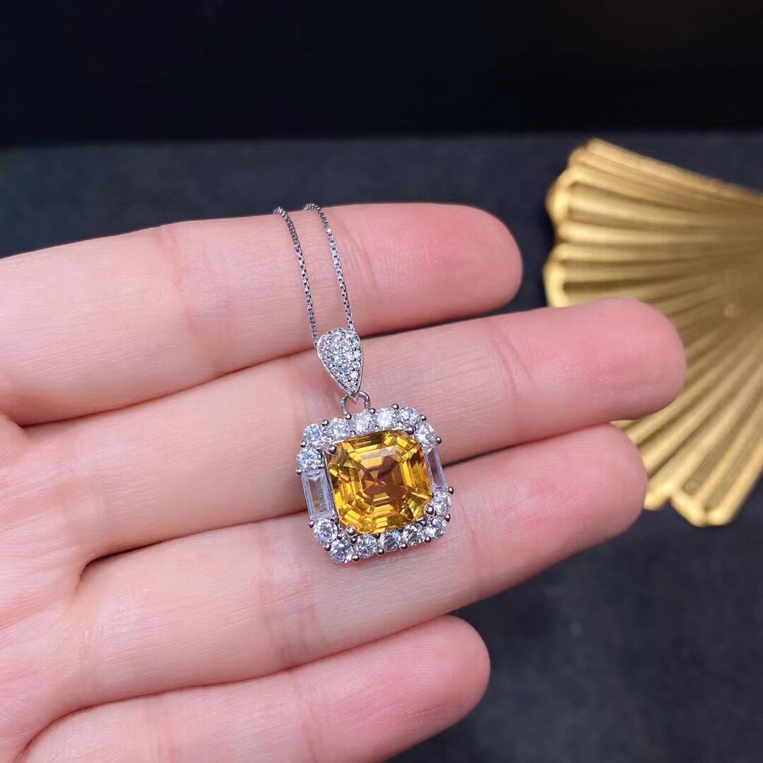 时尚精美吊坠镶嵌空托方10*10mm 925银镀18K金天然阿斯切黄水晶