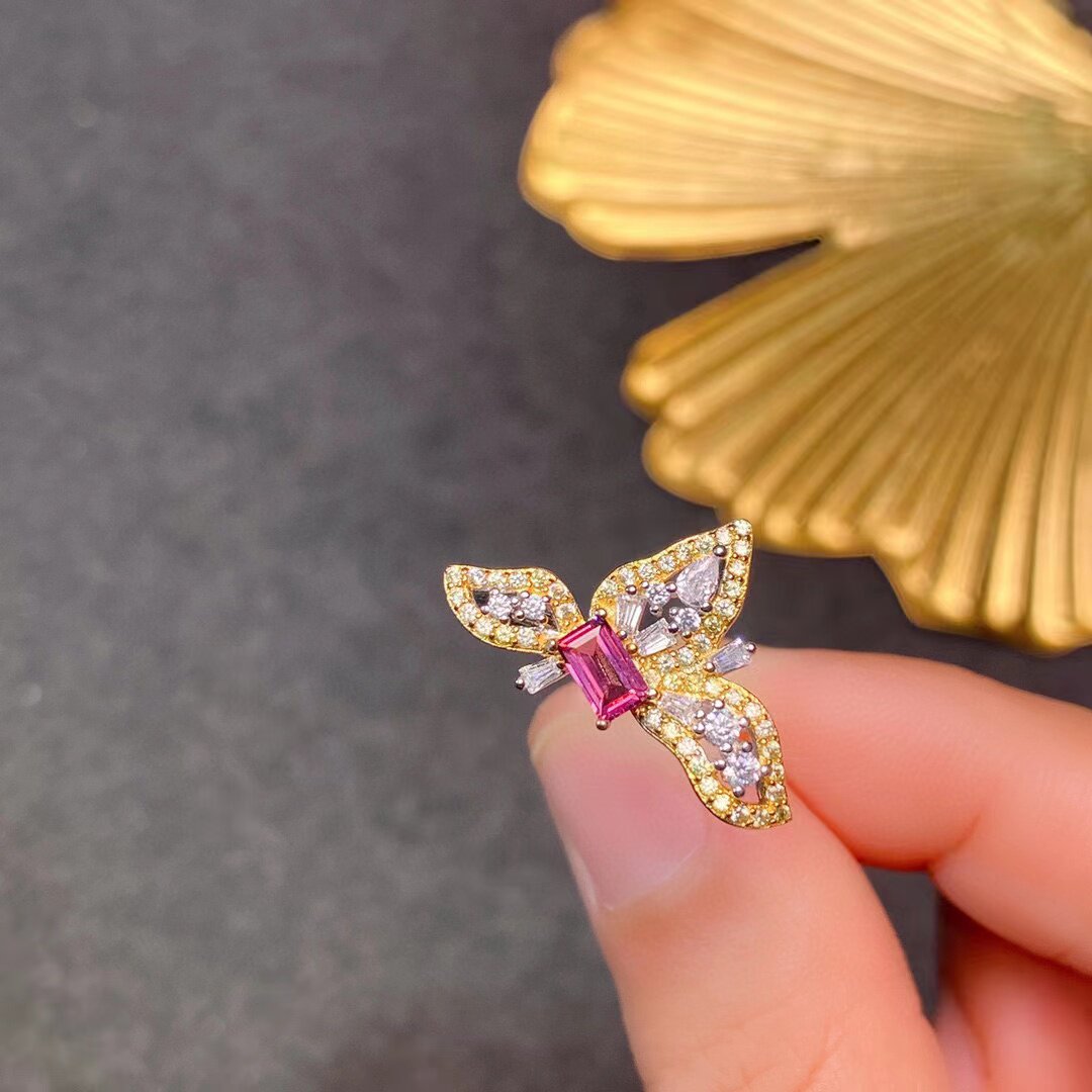 时尚个性蝴蝶戒指镶嵌空托长方3*5mm s925纯银镀18K金 开口可调节