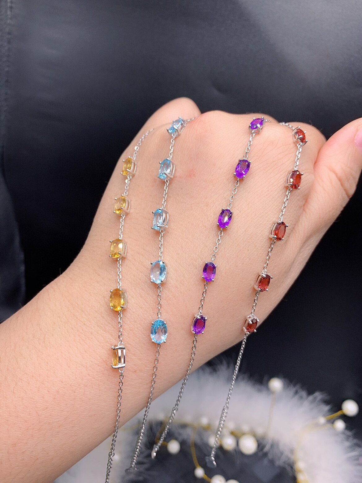 s925银手链空托时尚简约百搭清秀韩版镶水晶红蓝绿宝石椭圆4*65*7