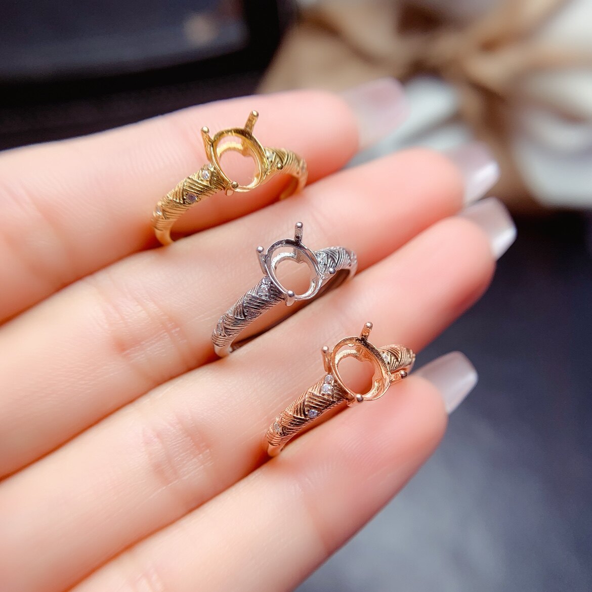 s925银饰复古轻奢拉丝活口戒指空托女椭圆5*6mm6*87*98*10可调节