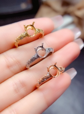 s925银饰复古轻奢拉丝活口戒指空托女椭圆5*6mm6*87*98*10可调节