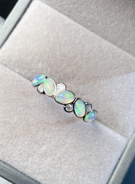 s925银饰戒指空托包镶排戒3*5m欧泊排戒开口个性环环相扣设计简约