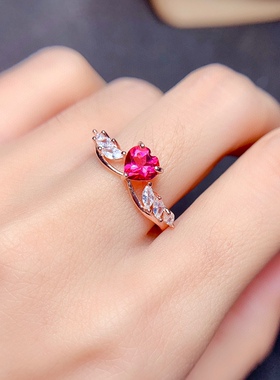 s925银镀金戒指空托心形戒托女活口设计时尚新款天使之翼心形6*6