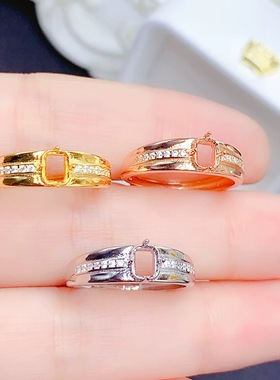 银饰空托枕长方4*5mm戒指女镶嵌空托时尚百搭指环925纯银镀金戒指