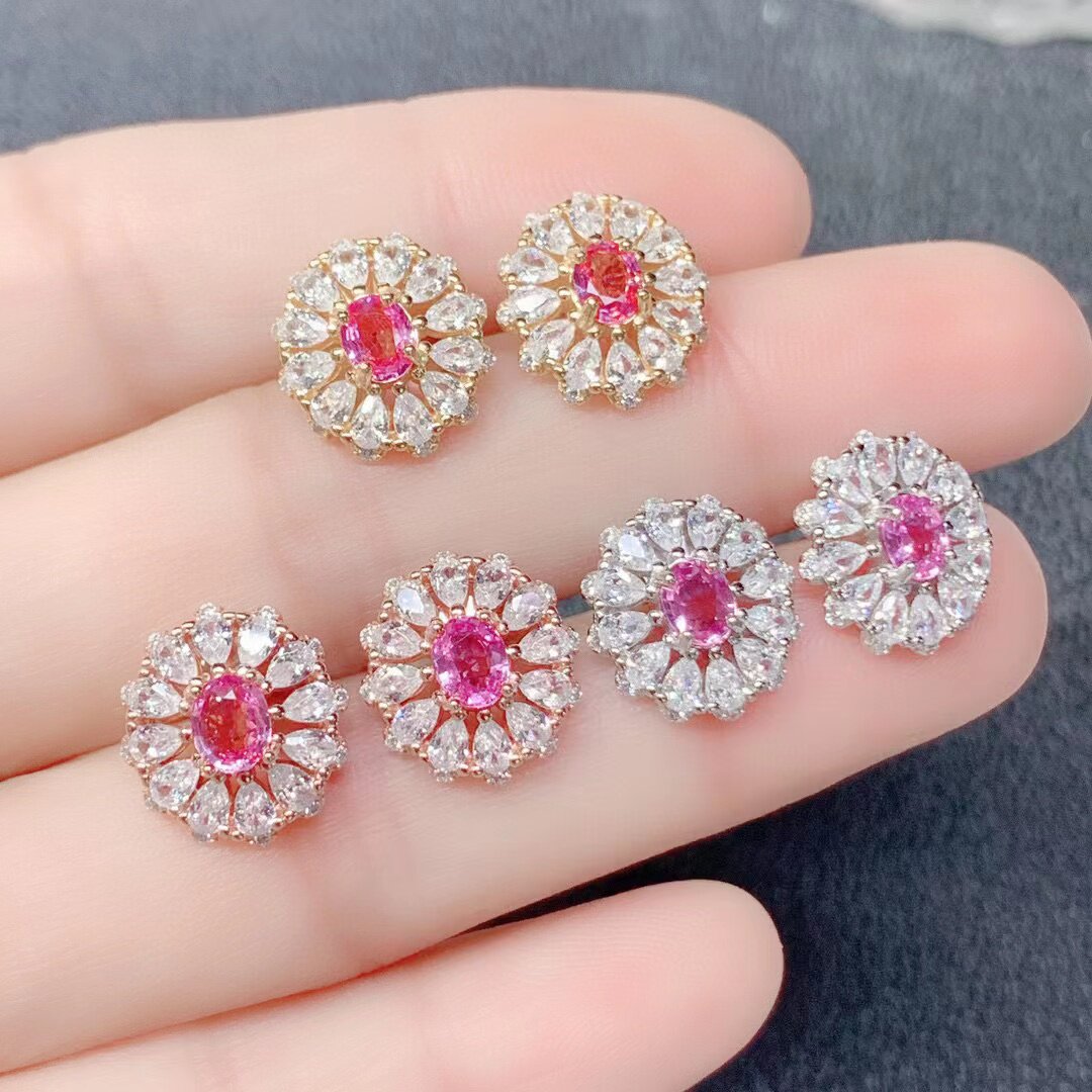 全新日韩款耳钉镶嵌空托椭圆4*5mm s925银镀18K金 天然粉蓝耳钉
