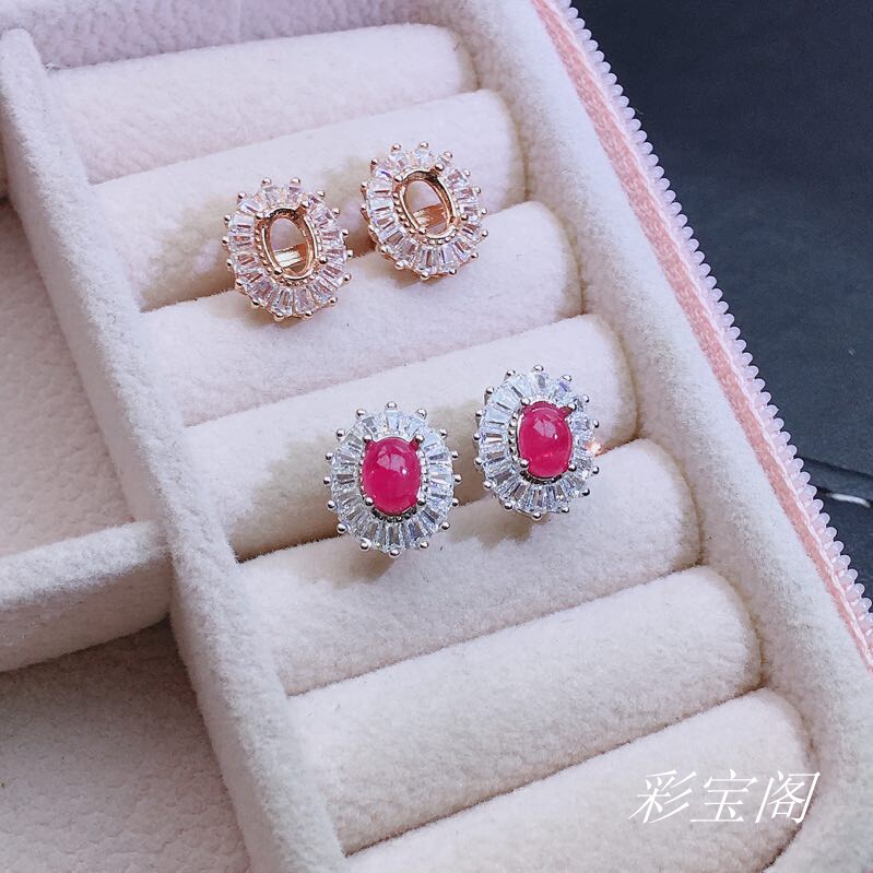 新品耳钉空托925银饰耳钉空拖女款一对椭圆豪华耳钉托4*6diy定制