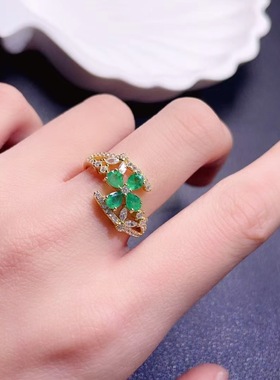 通体s925银戒指空托女时尚百搭气质水滴3*4mm祖母绿活口戒托女