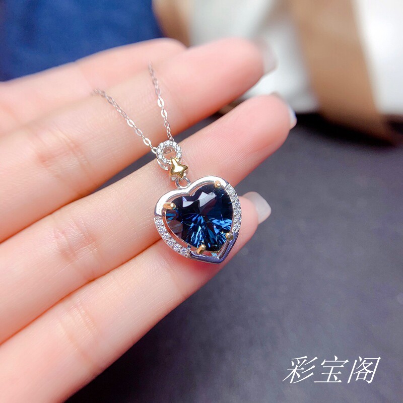 s925心形双色镶嵌托帕石银饰吊坠