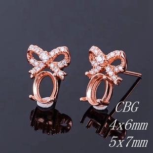 925银蝴蝶结耳钉空托 4x6 5x7 椭圆 代镶嵌石榴石水晶翡翠 精工