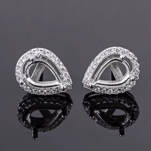 s925银水滴耳钉空托4x6 5x7mm精致围锆耳饰 代镶嵌水晶祖母绿托帕