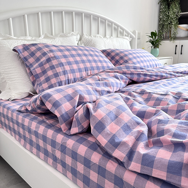 全棉被套四件套100纯棉四季通用女生紫色格子床单床笠款220x240cm