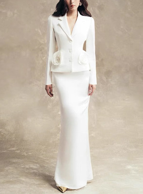 白色御姐气质时尚两件套女2025春秋季新款优雅朵收腰西装套装裙女
