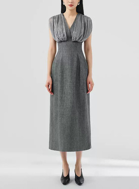 2025年夏季新款商务都市灰色V领网纱拼接无袖收腰连衣裙