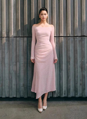 现货温柔一字肩长裙越南小众设计气质优雅修身连衣裙