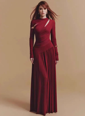 现货越南小众设计镂空褶皱长裙气质修身红色连衣裙