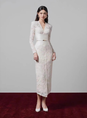 现货越南小众轻奢蕾丝拼接v领长裙新款气质收腰白色连衣裙