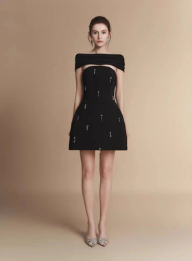 现货越南小众设计钉珠抹胸A字短裙气质优雅宴会礼服连衣裙