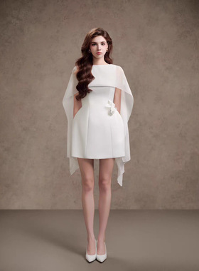 现货气质优雅披肩短裙越南小众设计名媛简约收腰连衣裙