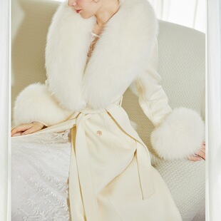 白色澳洲加厚羊毛长款外套修身双面羊绒皮毛呢狐狸毛领长大衣女