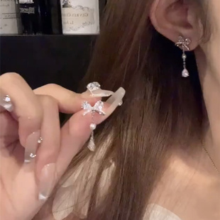 日韩甜美蝴蝶结流苏水滴耳钉耳环女2025时尚新款配饰设计感耳坠