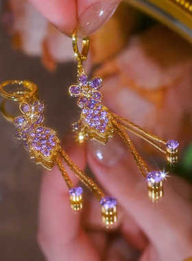 超闪紫色镶钻花朵树叶流苏耳环女网红爆款气质耳坠长款方圆脸耳环