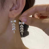 猫眼石蝴蝶结流苏锆石耳线耳环女长款 设计感网红百搭耳饰防过敏潮