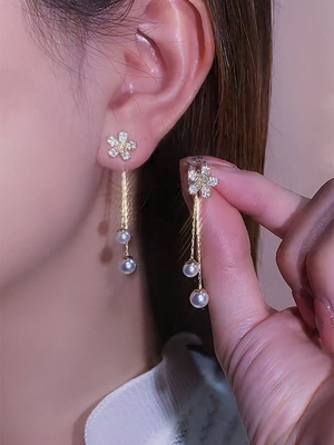 小雏花流苏珍珠耳钉女一款两戴