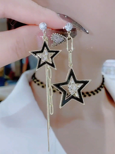 黑色五角星不对称耳钉耳环女高端AB款轻奢网红百搭耳饰2022新款潮