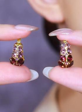 复古紫色镶钻C型提篮耳扣耳环女精致设计感日韩网红百搭耳饰防敏