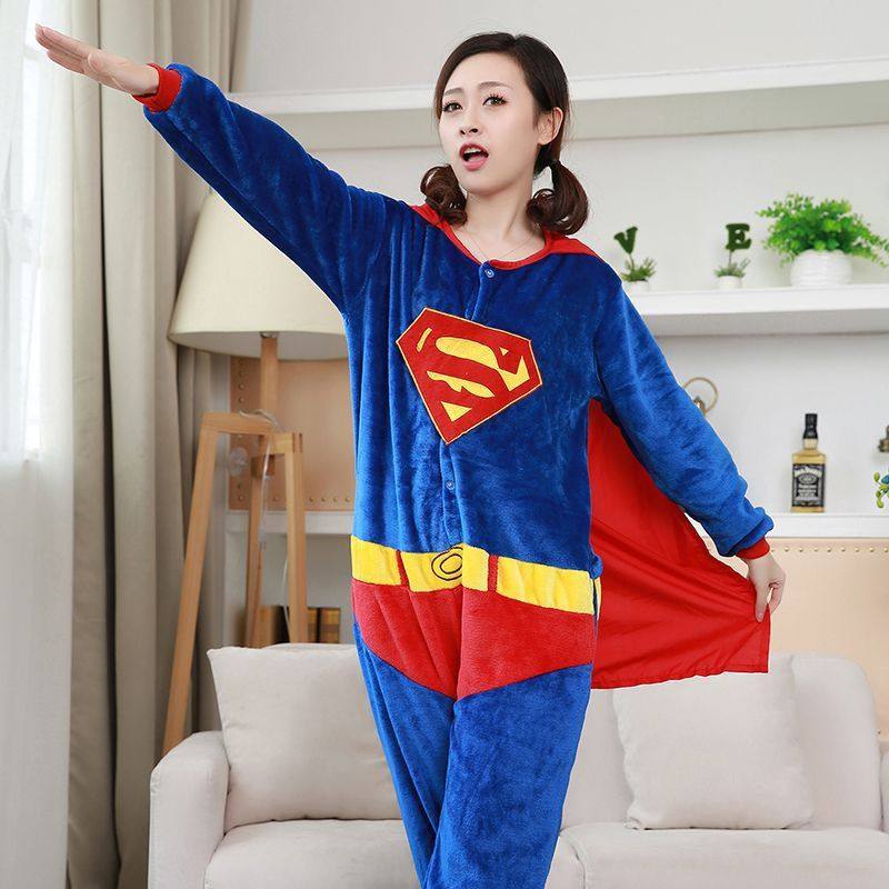 超人睡衣男儿童大人亲子母女母子冬季卡通人物奥特曼披风侠连体装