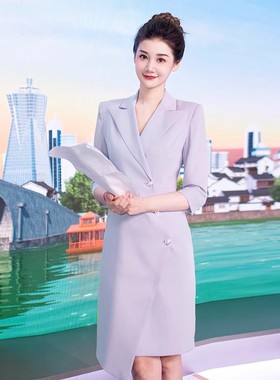 AD气质名媛紫色连衣裙女七分袖播音主持人正装修身演讲西装裙