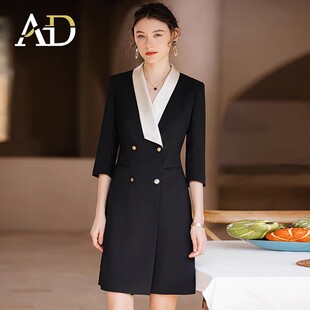 AD职业装气质女神范连衣裙女2025夏季高级感醋酸接拼西装裙子常规