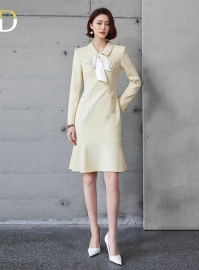 AD淡黄色荷叶边连衣裙女上班族职业装气质女神范秋季长袖西装裙子