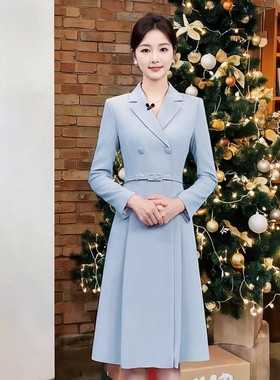 EWY高级感蓝色西装连衣裙女气质播音艺考主持人女长袖面试职业装