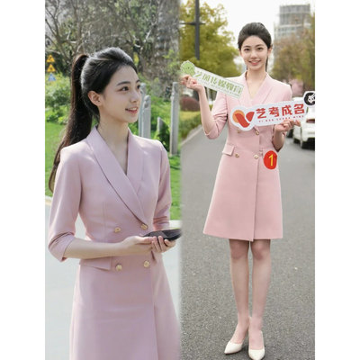 正装女蓝色职业连衣裙A字裙纯色