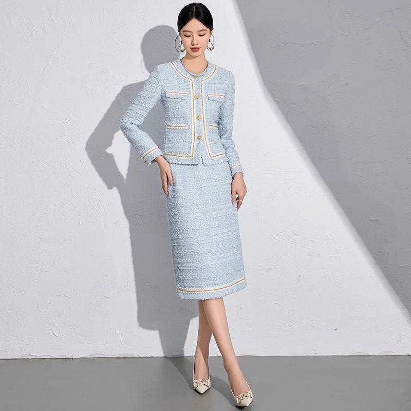 奶油蓝粗花呢小香风外套套装