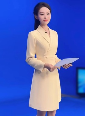 AD米黄色西装连衣裙女主持人上镜连身裙2023新款收腰显瘦西服裙子