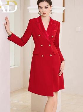 AD宴会红色赫本风醋酸法式连衣裙女秋季主持人礼服连身裙小红裙子