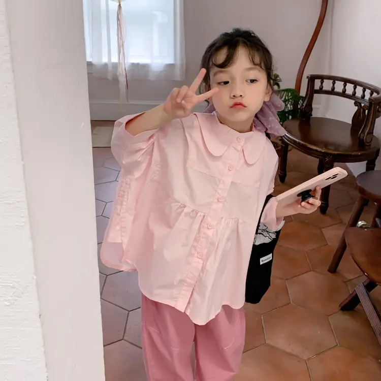 TCkids2025 春款 “是粉色的”娃娃领蝙蝠袖娃娃衫衬衫九分袖