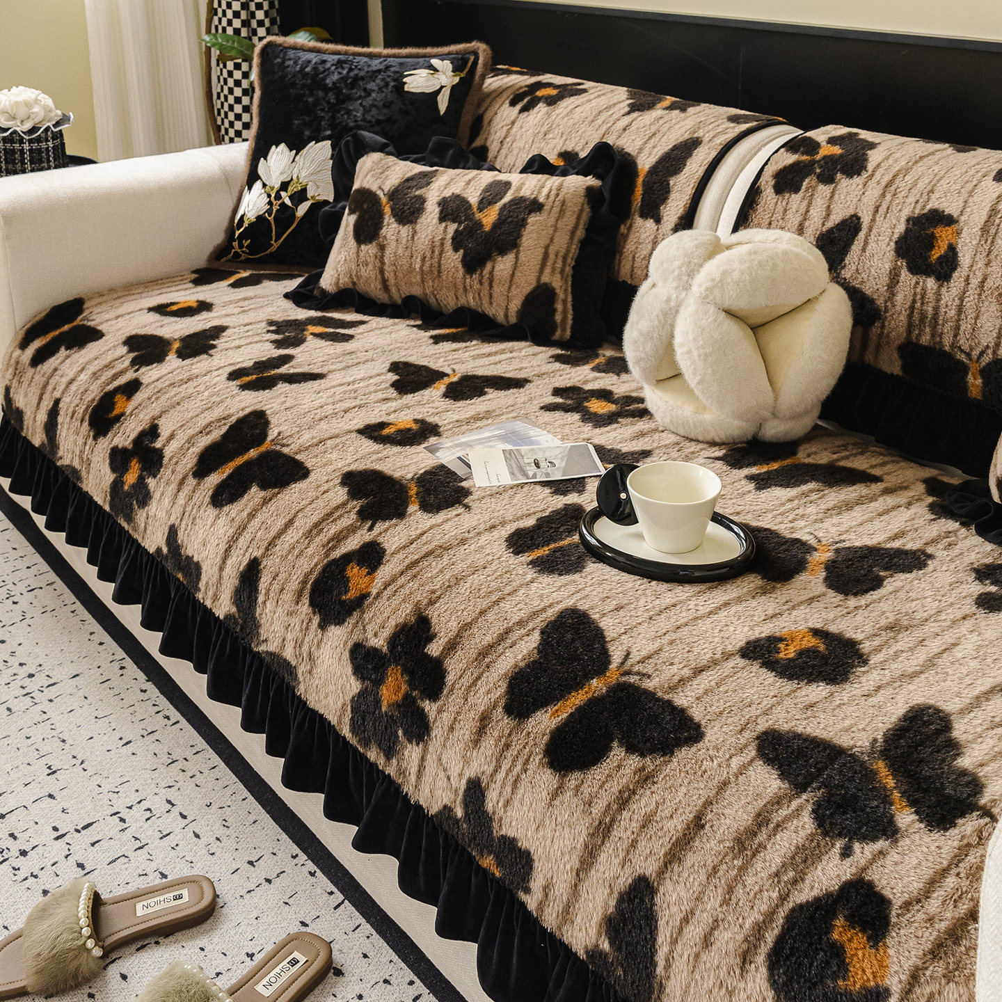 美拉德沙发垫兔毛绒秋冬加厚保暖防滑坐垫法式中古风蝴蝶沙发套罩,居家布艺,沙发垫,淘宝优惠券,粉丝福利购,淘宝优惠卷