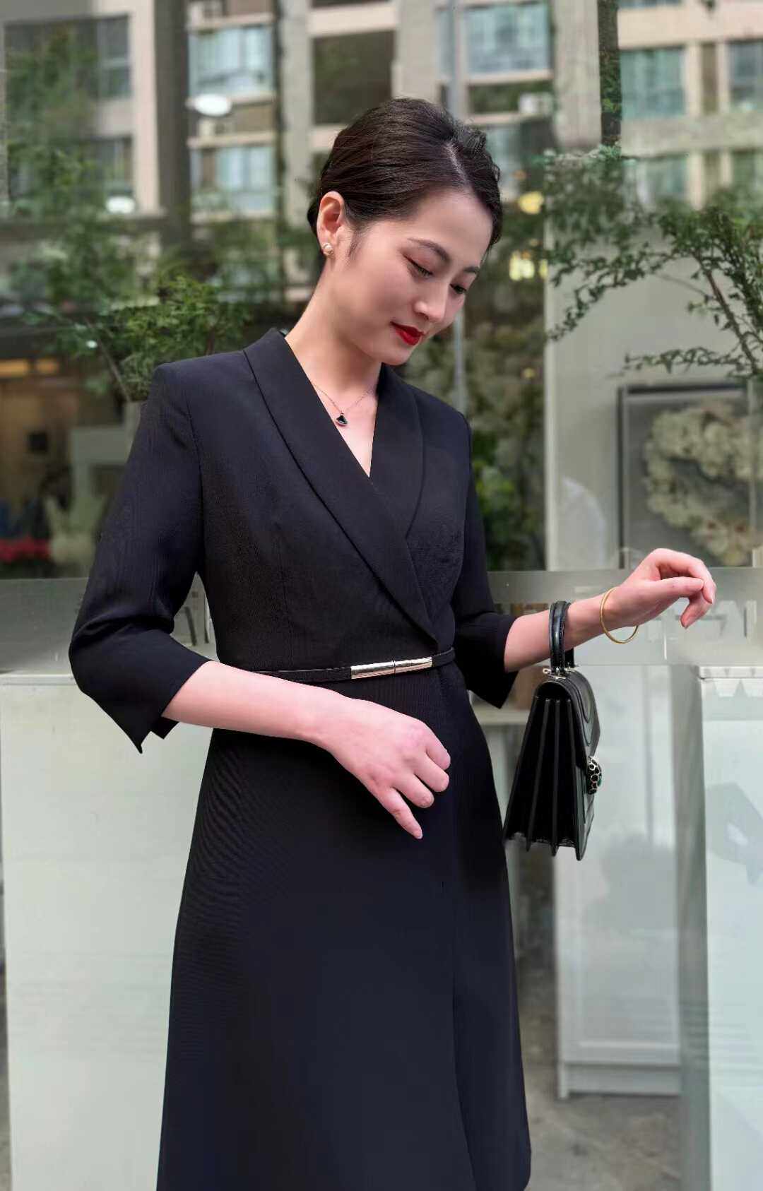 wq高端红色连衣裙女七分袖主持人OL职业装青果领西装裙秋季工作服