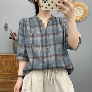 6687夏季薄款复古格子V领短袖衬衫女双层棉纱五分袖上衣休闲衬衣