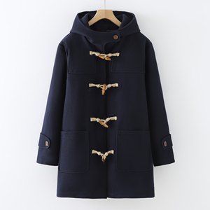 JK制服外套女冬季小个子学院风加厚中长款牛角扣毛呢大衣女连帽