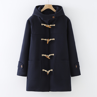 JK制服外套女冬季小个子学院风加厚中长款牛角扣毛呢大衣女连帽