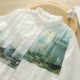 水墨印染双层棉纱长袖衬衫女宽松显瘦春秋新文艺休闲百搭打底上衣