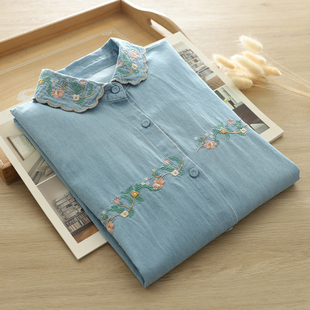 2025春季新款复古花朵刺绣牛仔衬衣绣花翻领长袖宽松休闲衬衫女装