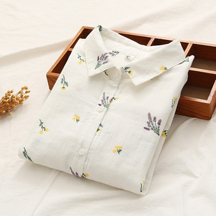 女宽松印花纯棉柔软打底衬衣上衣 白衬衫 春秋新款 文艺双层棉纱长袖