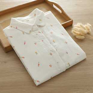 女宽松百搭文艺纯棉柔软半袖 印碎花双层棉纱衬衫 衬衣 短袖 2026夏季